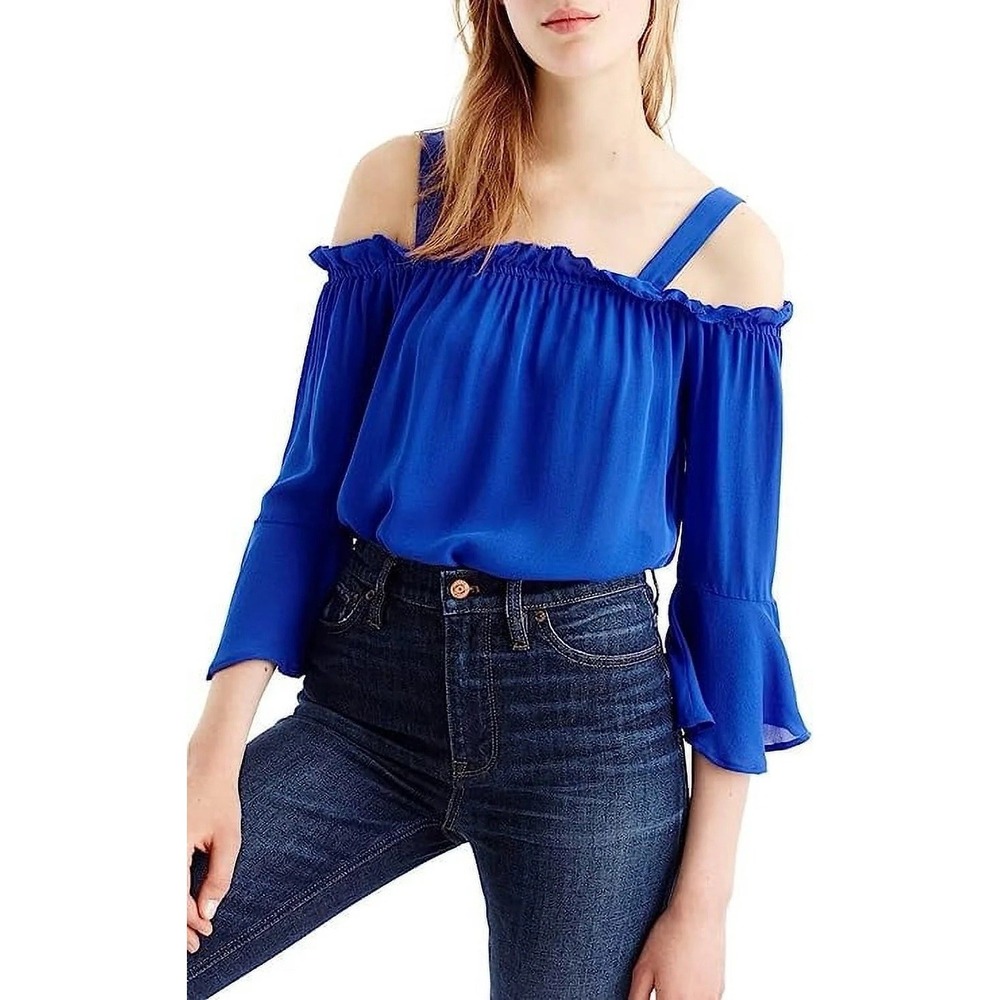 J.Crew Blue Silk Ruffle Cold Shoulder Blouse Bell Sleeve Size 0